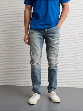 American Eagle AE AirFlex+ Slim Patched Ripped Jeans 30x30 NWT